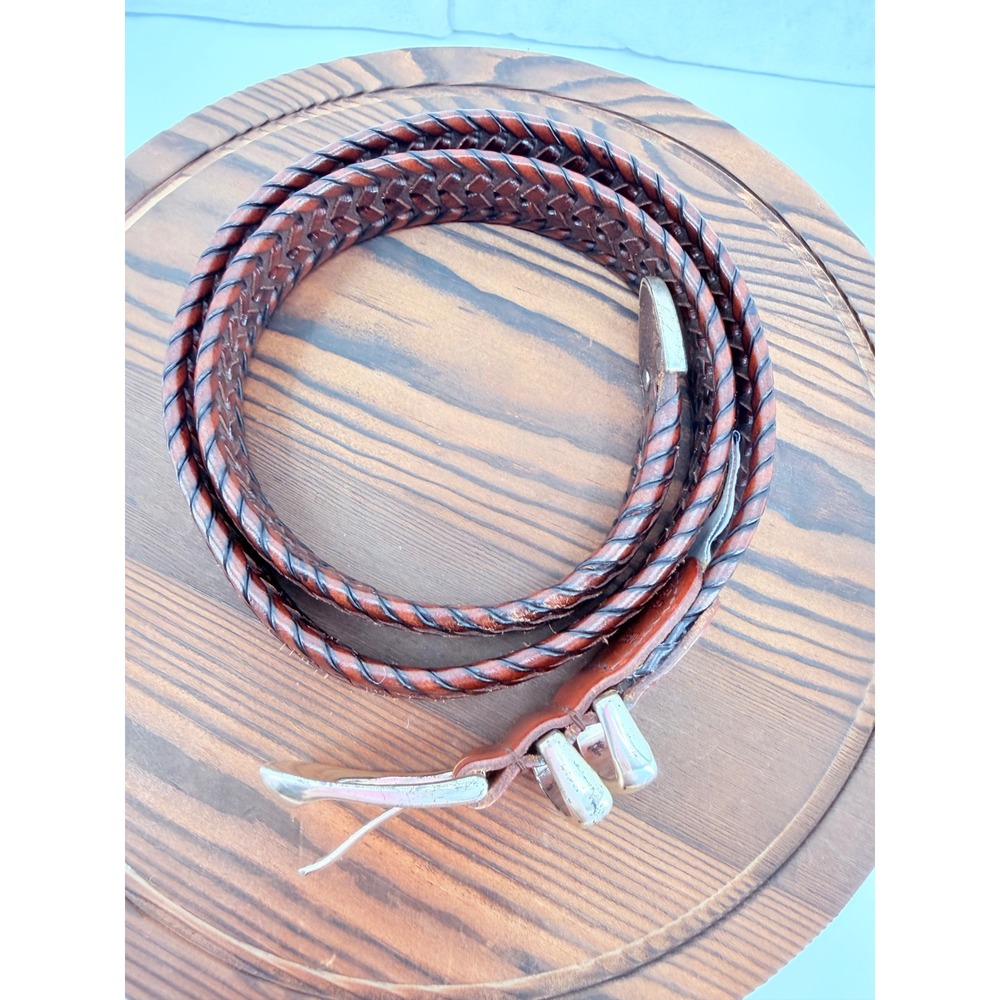 Vintage Fossil Brown Braided Woven Leather Belt Silver Buckle 32 Equestrian - Picture 4 of 4